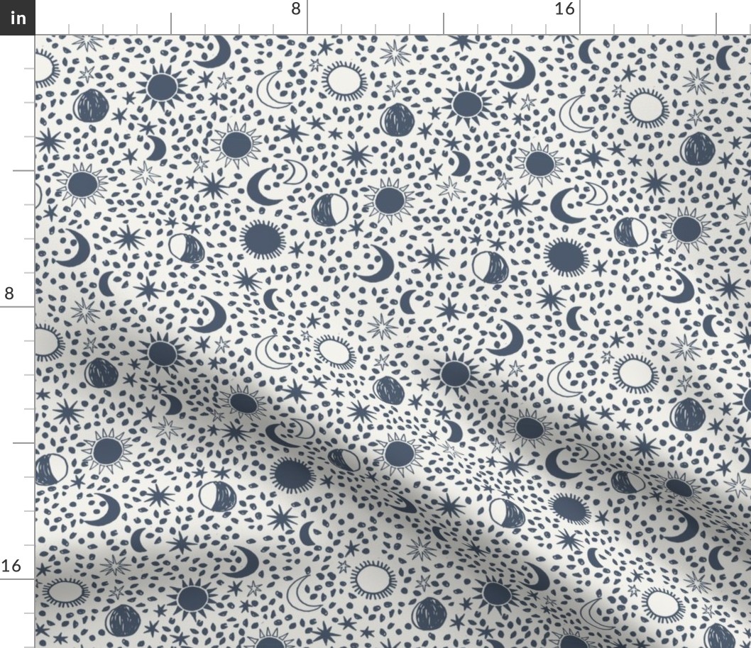 sun moon stars fabric - hippy boho neutral fabric - indigo