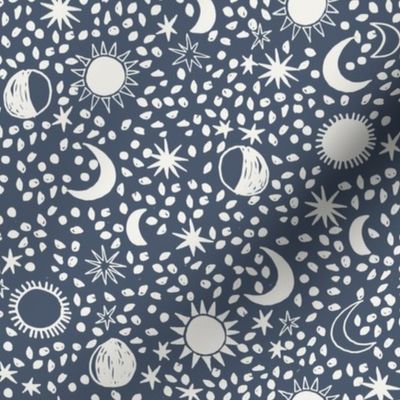 sun moon stars fabric - hippy boho neutral fabric - indigo