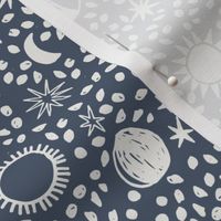 sun moon stars fabric - hippy boho neutral fabric - indigo