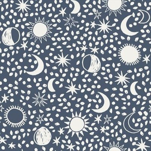 sun moon stars fabric - hippy boho neutral fabric - indigo