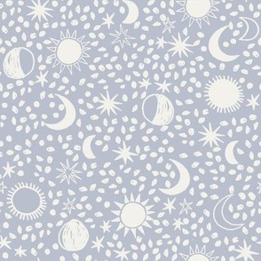 sun moon stars fabric - hippy boho neutral fabric - dusty blue