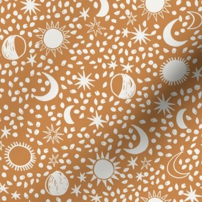 sun moon stars fabric - hippy boho neutral fabric - golden