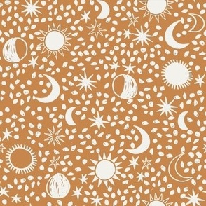 sun moon stars fabric - hippy boho neutral fabric - golden