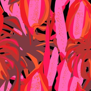 Abstract Monstera Deliciosa Floral in Hot Red + Black