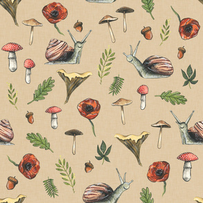 Large - Woodland Snails and Mushrooms on Tan Linen Background