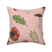 Large - Woodland Snails and Mushrooms on Pink Linen Background