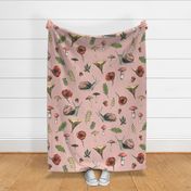 Large - Woodland Snails and Mushrooms on Pink Linen Background
