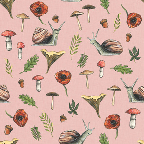 Large - Woodland Snails and Mushrooms on Pink Linen Background