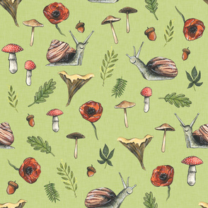 Large - Woodland Snails and Mushrooms on Green Linen Background