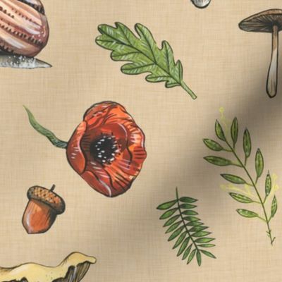 Medium - Woodland Snails and Mushrooms on Tan Linen