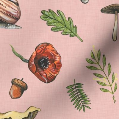 Medium - Woodland Snails and Mushrooms on Pink Linen Background