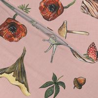 Medium - Woodland Snails and Mushrooms on Pink Linen Background