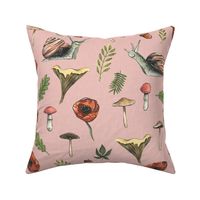Medium - Woodland Snails and Mushrooms on Pink Linen Background