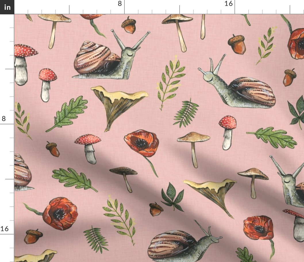 Medium - Woodland Snails and Mushrooms on Pink Linen Background