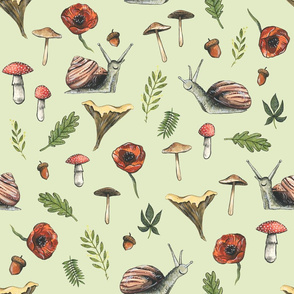 Medium - Woodland Snails and Mushrooms on Green Background