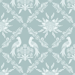 Damask Australian floral Waratah and King parrot bird, elegant traditional classic Australiana in duck egg green and white