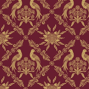 Damask Australian floral waratah and King parrot bird, elegant traditional classic Australiana in rich burgundy dark red and antique gold