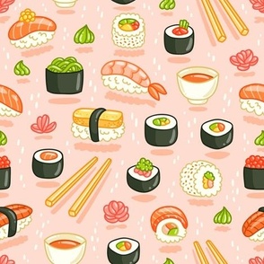 Sushi and rolls, yummy cartoon print, medium scale