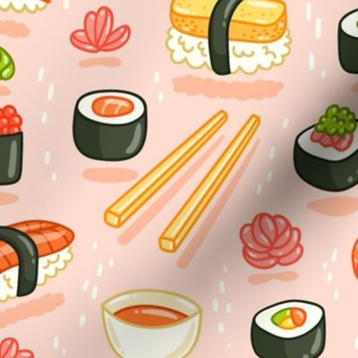 Sushi and rolls, yummy cartoon print, large scale