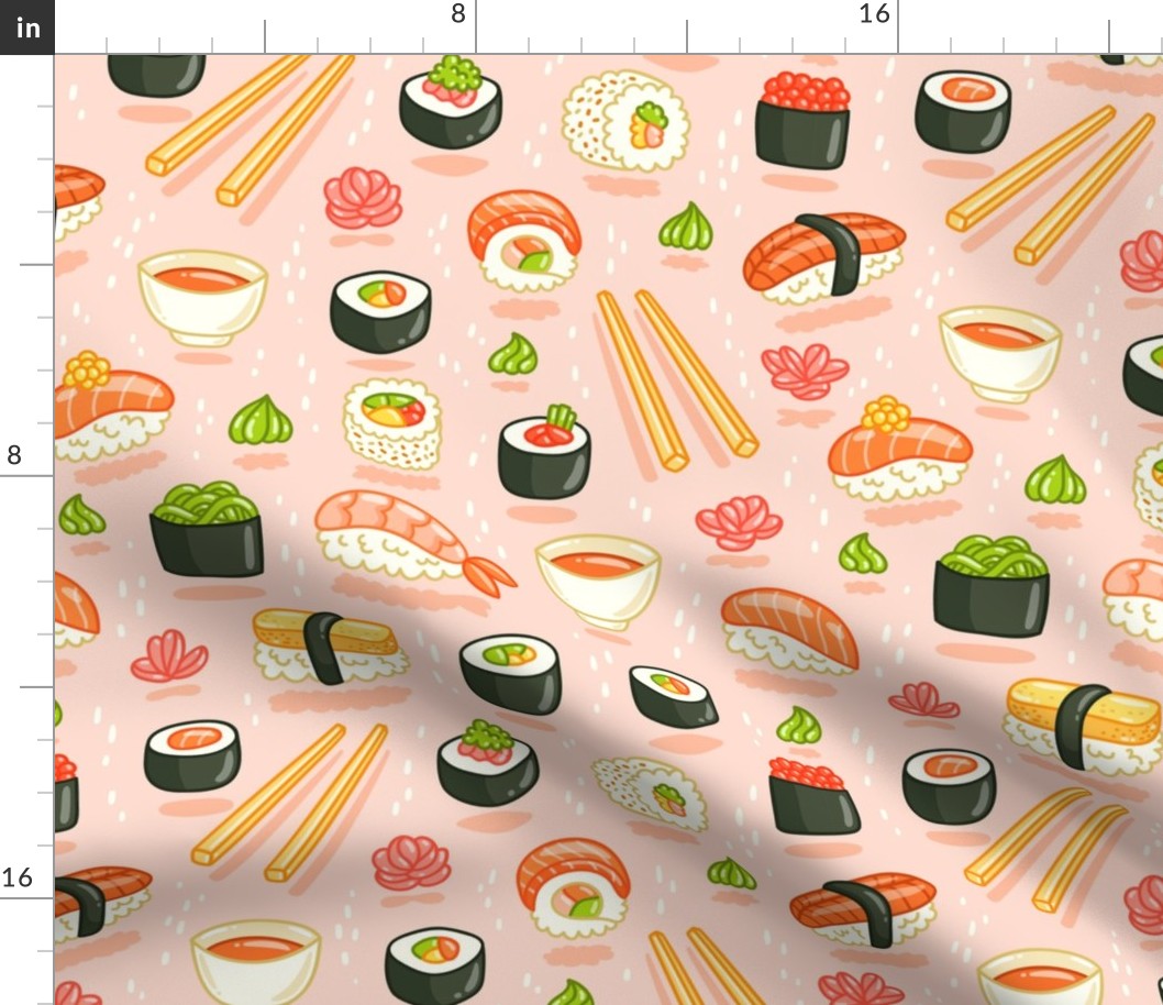 Sushi and rolls, yummy cartoon print, large scale