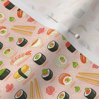 Sushi and rolls, yummy cartoon print, micro scale