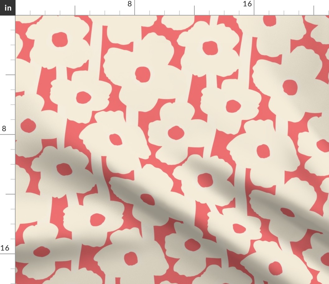 Poppies Flowers Bold Abstract Geometric  Cream on Red Large