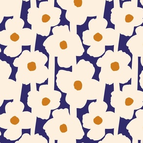 Poppies Flowers Bold Abstract Geometric Cream Mustard on Navy Large