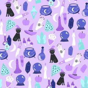 SMALL pastel witch fabric - cute pastel halloween design - purple/aqua
