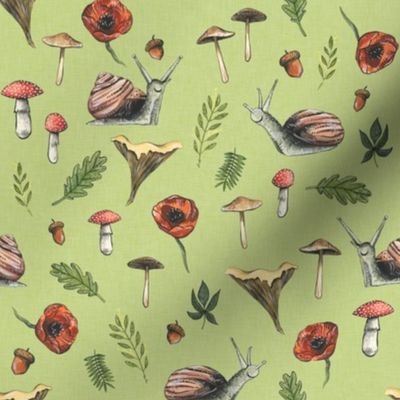 Small - Woodland Snails and Mushrooms on Green Linen Background