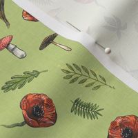 Small - Woodland Snails and Mushrooms on Green Linen Background
