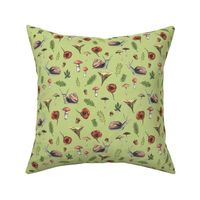 Small - Woodland Snails and Mushrooms on Green Linen Background