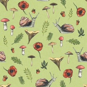 Small - Woodland Snails and Mushrooms on Green Linen Background