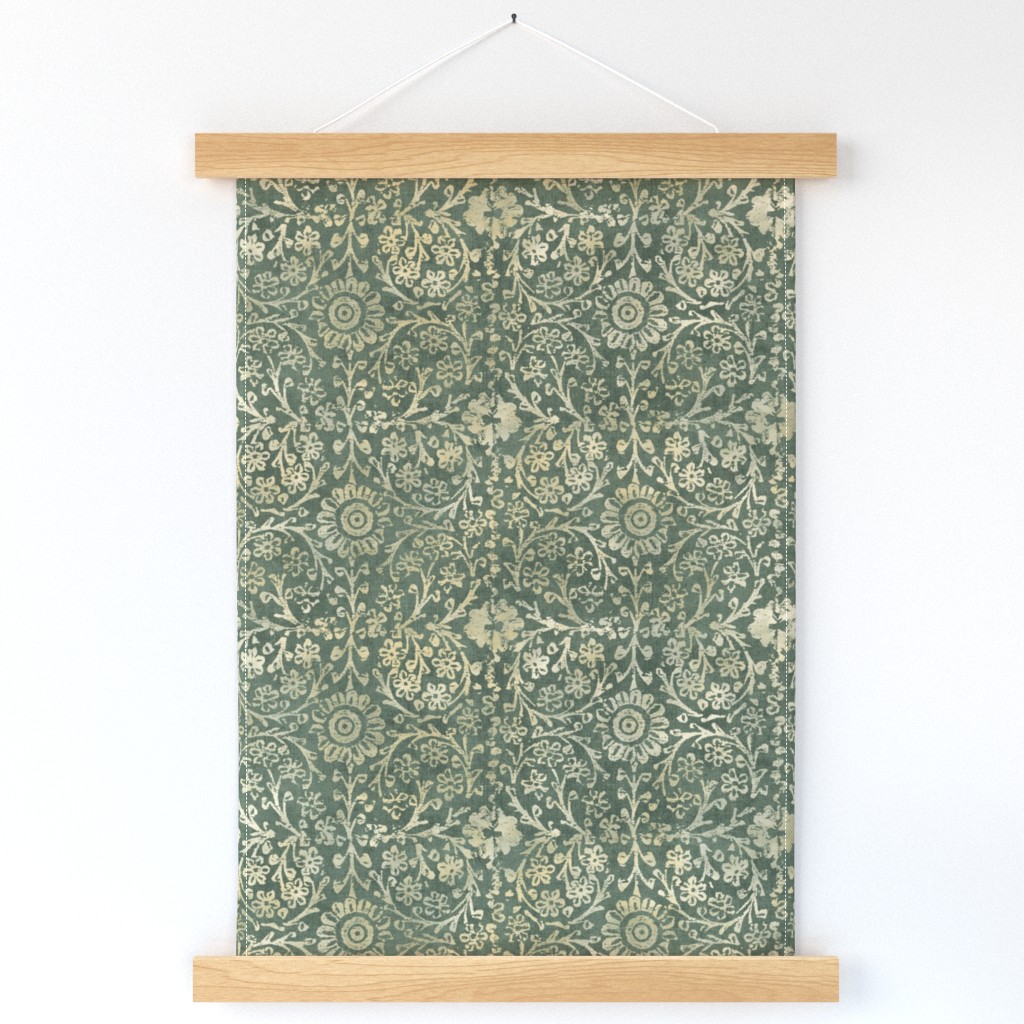 Indian Woodblock in Gold and Green (xl scale) | Vintage gold print on faded green linen texture, rustic block print, hand printed pattern in green and gold.