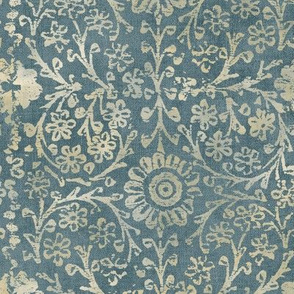 Indian Woodblock in Gold and Teal (xl scale) | Vintage gold print on faded teal linen texture, rustic block print, hand printed pattern in sage green and gold.