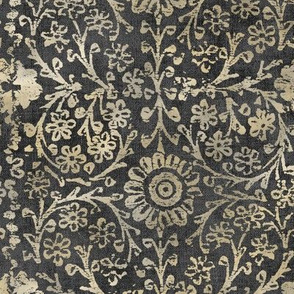 Indian Woodblock in Gold and Faded Black (xl scale) | Vintage gold print on dark gray linen texture, rustic block print, hand printed pattern in black and gold.