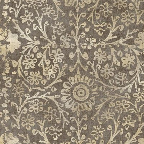 Indian Woodblock in Gold and Fawn (xl scale) | Vintage gold print on faded taupe linen texture, rustic block print, hand printed pattern in natural umber brown and gold.