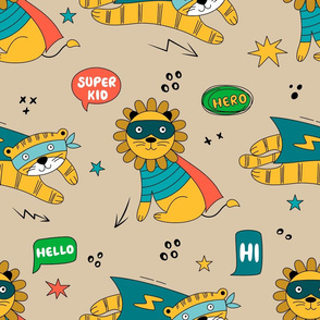 Seamless pattern with wild animals in superhero costumes