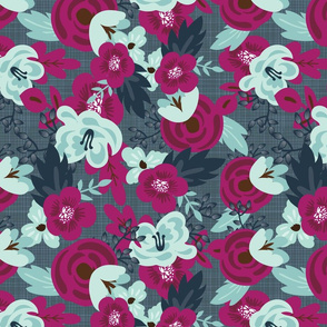 magenta aqua floral on bluegrey