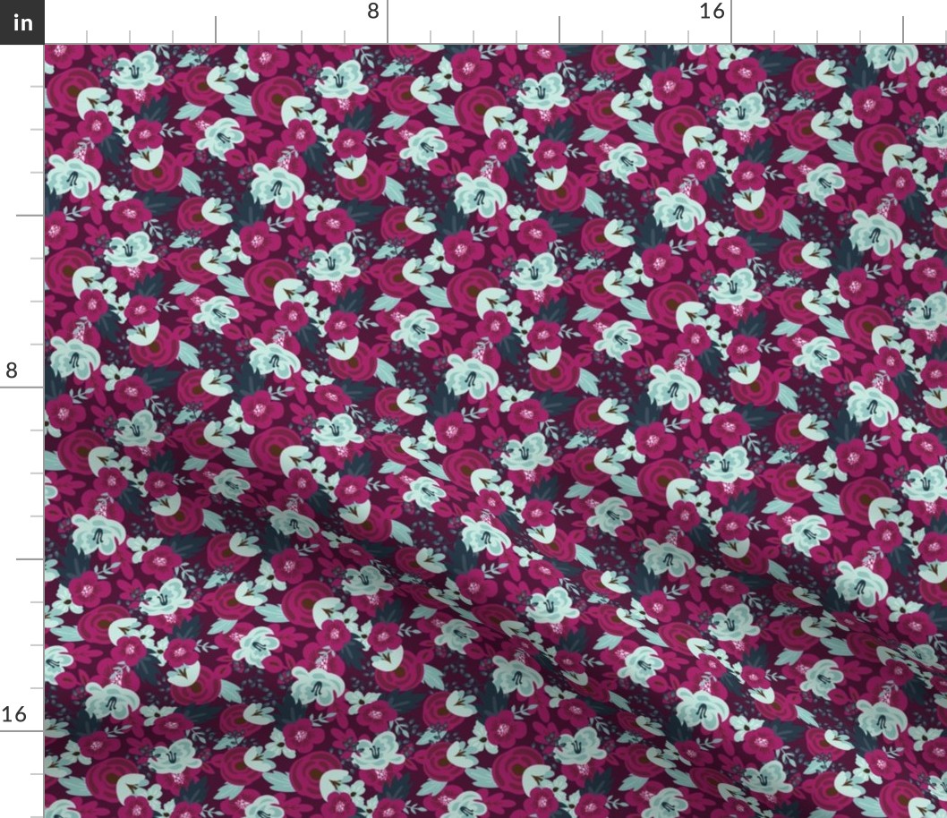 magenta aqua floral on cranberry