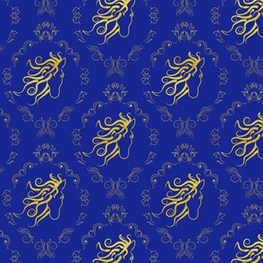 horse damask blue and gold