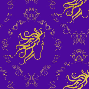 horse damask large scale purple and gold