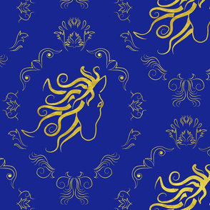 horse damask large scale blue and gold