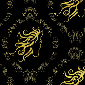horse damask large scale black and gold