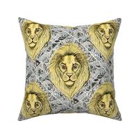 African lion damask, large scale, yellow gray grey slate blue brown taupe white black 