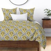 African lion damask, large scale, yellow gray grey slate blue brown taupe white black 