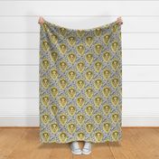 African lion damask, large scale, yellow gray grey slate blue brown taupe white black 