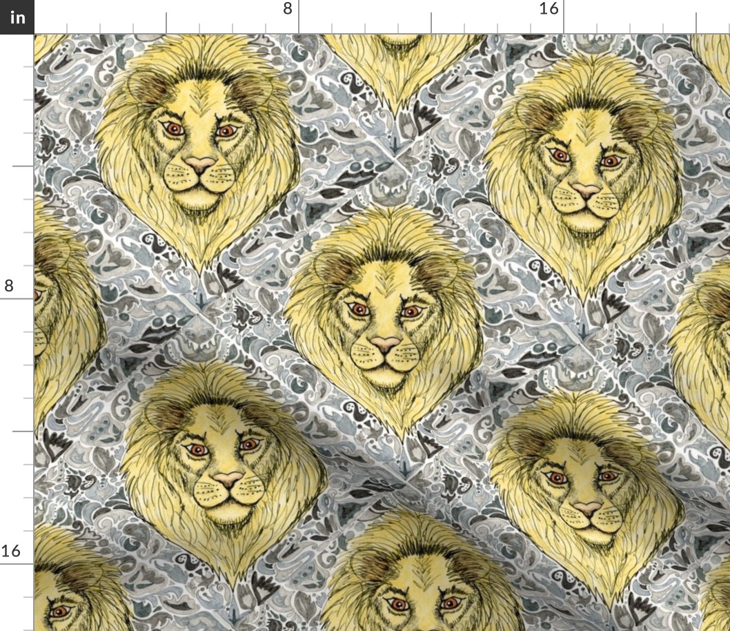 African lion damask, large scale, yellow gray grey slate blue brown taupe white black 