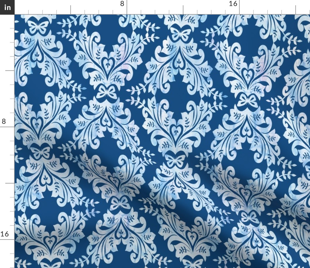 Watercolor Damask in Blue with Butterflies