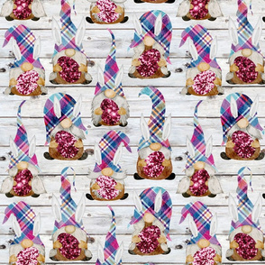 Rainbow Plaid Bunny Gnomes on Shiplap - medium scale