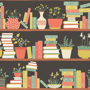 Books and Flowers on Bookshelves